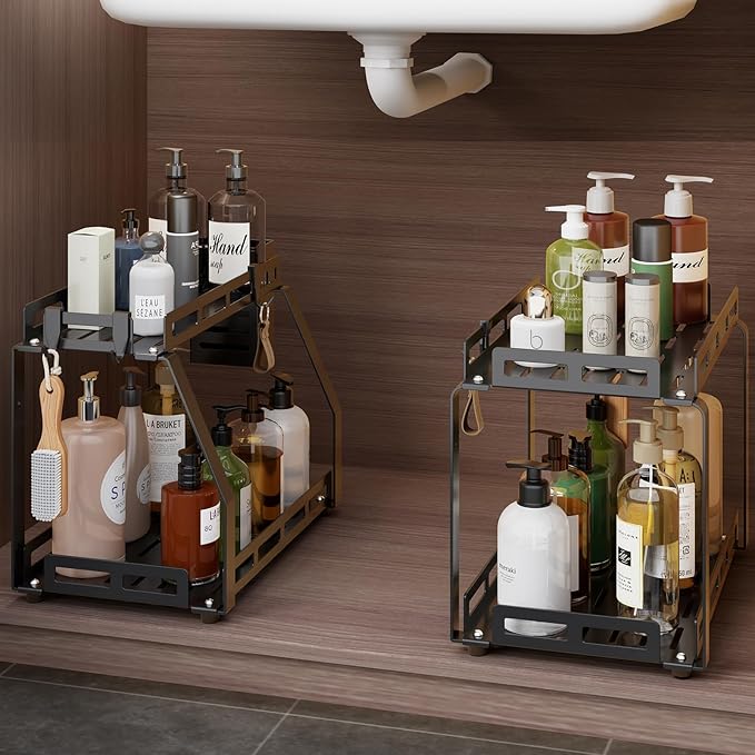 junyuan Bathroom Organizer Countertop,2 Tiered Tray Stand,Perfume Organizer Shelves with Toothbrush Holders,Bathroom Counter Storage Rack with Basket and Hooks Metal Black