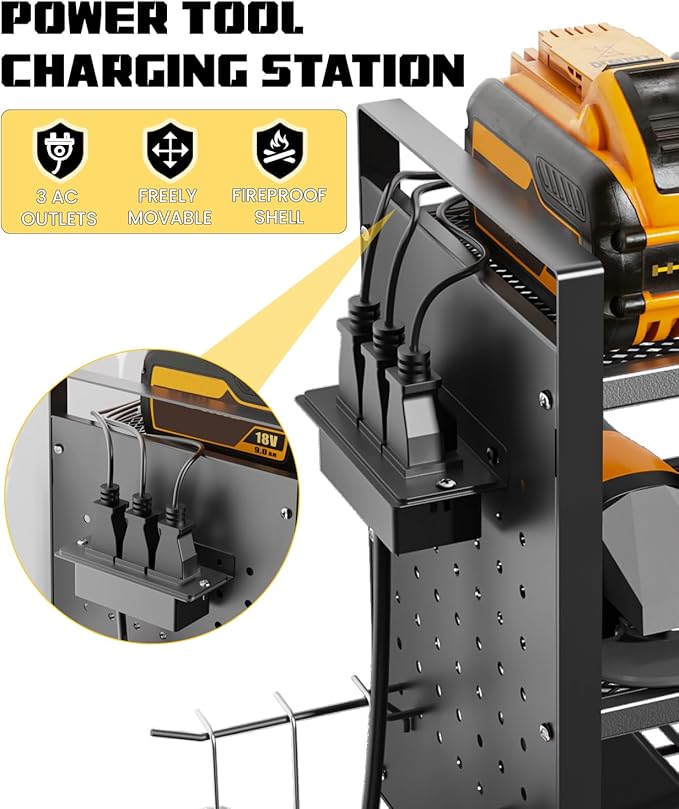 Heavy-Duty 48" Wall Mount Power Tool Organizer with Charging Station – 3-Tier Garage Organization Rack for Drills, Wrenches & Tools – Includes 16 Hooks & Pegboard Sides