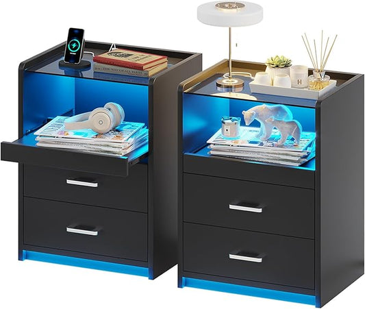 VIAGDO Nightstands Set of 2 with Charging Station and LED Lights, Black Night Stand Set 2 with Glass Top and Storage Drawers, End Side Tables with Pull-Out Tray, Modern Bedside Tables for Bedroom