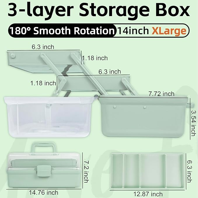 14in 3-Layer Multipurpose Craft Organizers and Storage with Adjustable Dividers, Portable Tackle Box, Folding Art & Craft Case for Medicine, Tool, Sewing Organizer (Haze Green, X-Large)