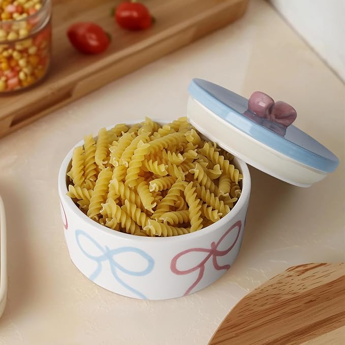 Cookie Jars with Lid Airtight, Wide Mouth Large Ceramic Food Storage Containers, Hand-Drawn Bow Kitchen Canisters for Countertop, Suitable for Home Decor of Coffee, Sugar, Tea, Flour, Dog Treat-NeatNest