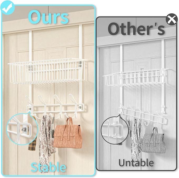 Over The Door Hooks Organizer,Door Hanger Door Storage with Basket,Over The Door Towel Rack Coat Hooks with 12 Hooks,for Bathroom,Bedroom,Kitchen,Office,Apartment(White)