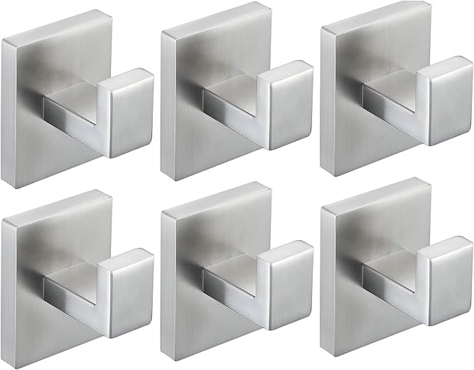 6 Pack Towel Hooks Brushed Nickel Hand Towel Holder for Bathroom Wall Bedroom Kitchen Heavy Duty Stainless Steel Hook Hanger for Robe, Bath Towel, Coat Wall Mounted Hook (Square Base)