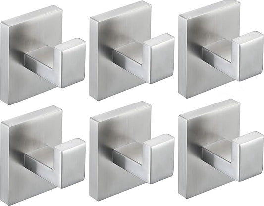 6 Pack Towel Hooks Brushed Nickel Hand Towel Holder for Bathroom Wall Bedroom Kitchen Heavy Duty Stainless Steel Hook Hanger for Robe, Bath Towel, Coat Wall Mounted Hook (Square Base)