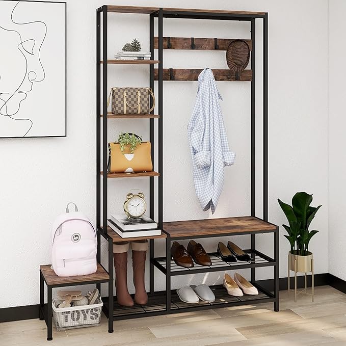 Hall Tree with Shoe Storage Bench Coat Rack with 7 Hooks Interchangeable 4 Tier Side Storage Shelves Small Cute Side Bench Industrial 5-in-1 Entryway Coat Rack for Hallway Mudroom Bedroom