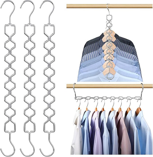 3 Pack Space Saving Hangers for Clothes, Heavy Duty 30Lbs Capacity Magic Collapsible Clothes Space Saver Metal Hanger Organizer with 360° Swivel Hook, Closet Organizers Storage Dorm Essentials Silver-NeatNest