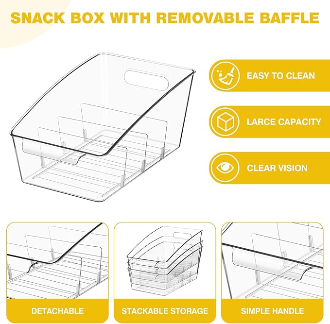 6 Pack Clear Pantry Organizer Storage Bins Removable Snack Organizer Plastic Cabinet Organizers Racks with 3 Dividers, Refrigerator Bins Kitchen Storage-NeatNest