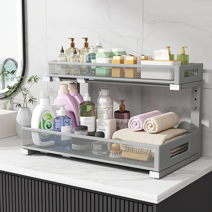 1 Pack 19IN Depth Under Sink Storage Organizer, Large 2-Tier Elegant Mesh Pull Out Shelf for Kitchen and Bathroom Cabinet Organization, L-Shaped and Adjustable Height Design-Gun Gray-NeatNest