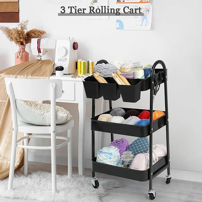 danpinera 3-Tier Rolling Cart, Metal Rolling Storage Cart with Lockable Wheels & Hanging Cups & Hooks, Mobile Trolley Cart for Kitchen, Bathroom, Office, Workshop, Black-NeatNest