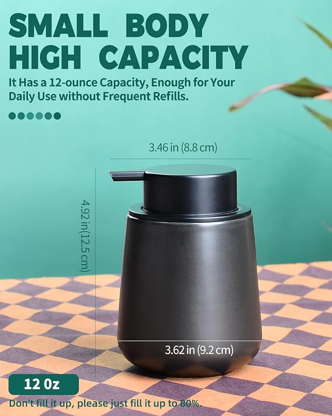 Bosilunlife Ceramic Foaming Soap Dispenser - 12Oz Matte Black Foam Hand Soap Dispenser Bathroom Countertop Kitchen Dish Soap Pump Dispenser Liquid Wash Dispenser for Bathroom-NeatNest