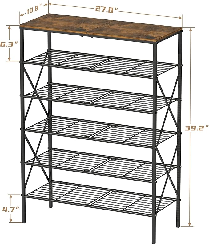 6-Tier Shoe Rack Organizer, Large Capacity Shoe Storage Shelf for Entryway, Closet, Rustic Brown & Black, Metal Mesh Shelves, Holds up to 24 Pairs of Shoes, Easy Assembly, Adjustable Feet-NeatNest