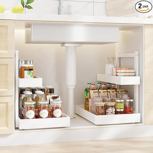 Bamboo Under Sink Organizer and Storage, 2 Tier Pull Out Cabinet Organizer, Slide Out Under Sink Storage Shelf, Undersink Organizers Shelves for Kitchen Bathroom Organization(White, 2 Packs)-NeatNest
