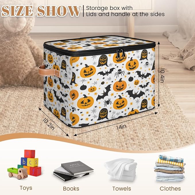 Halloween Pumpkin Storage Bins with Lids, Boho Ghosts Bat Fabric Storage Boxes with Zipper, Collapsible Decorative Closet Organizer Cube for Clothes,Organizing, Shelves-NeatNest