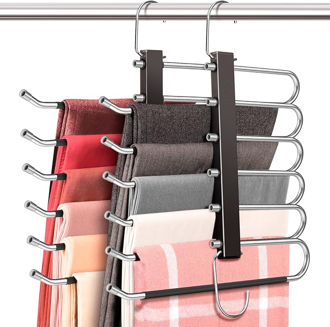 4 Pack 6-Tier Space Saving Pant Hangers, Anti-Slip, Lightweight, Stainless Steel, Black, 6 Pairs Jeans Hangers-NeatNest