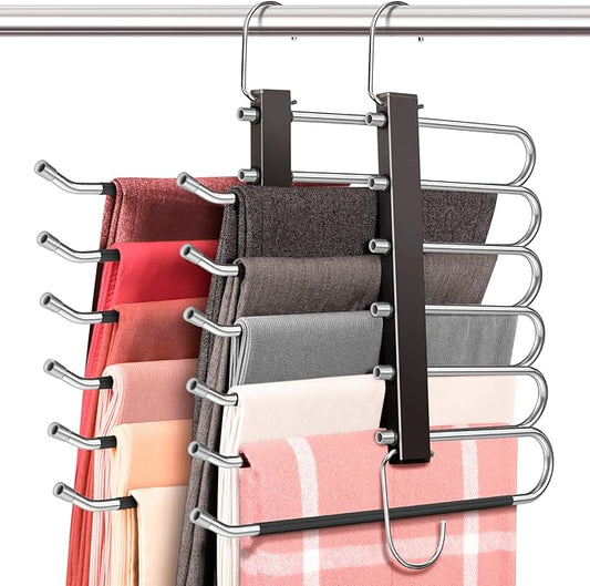 4 Pack 6-Tier Space Saving Pant Hangers, Anti-Slip, Lightweight, Stainless Steel, Black, 6 Pairs Jeans Hangers-NeatNest