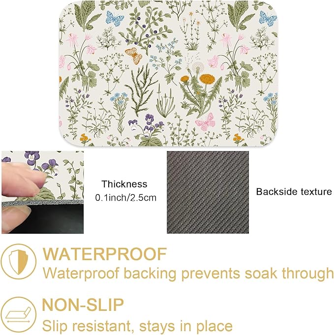 Herb Wild Flowers Butterfly Dish Drying Mats Super Absorbent Dish Drainer Rack Pad Non-Slip Drying Mat for Kitchen Counter, 24"x16"