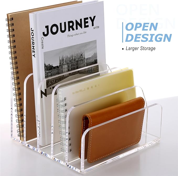 SANRUI Acrylic Desk File Organizer Holder for Desk, Clear Laddered 5 Upright Compartments Mail Sorters, Multifunction Desktop Envelope Folder Racks Document Holders for Office, Home, School-NeatNest