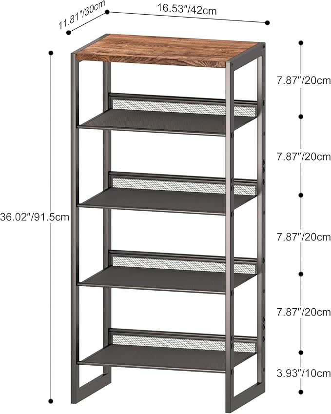 Narrow 5-Tier Shoe Rack, Slim Space-Saving Shelf with Decorative Wood Top & Steel Mesh, Entryway/Closet/Dorm Organizer, 16.5x11.8x36 Inches-NeatNest