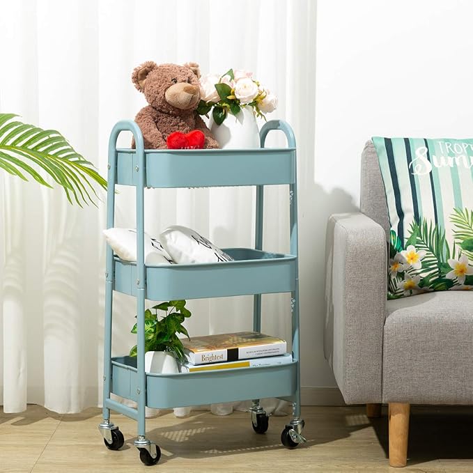 AGTEK Makeup Cart, Movable Rolling Organizer Cart, Grey-Blue 3 Tier Metal Utility Cart-NeatNest