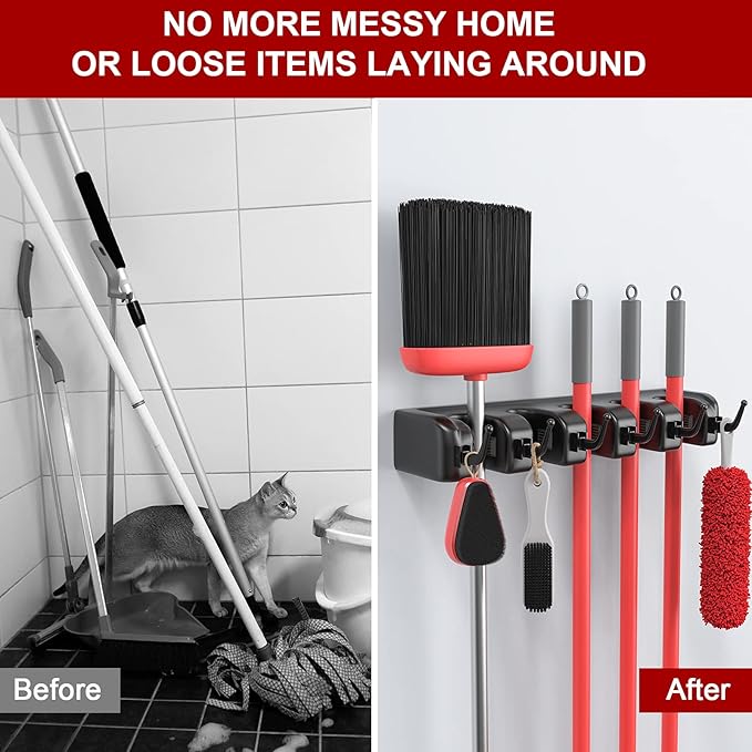 LETMY Broom Holder Wall Mount - Mop and Broom Hanger Holder - Garage Storage Rack & Garden Tool Organizer - 5 Position 6 Hooks Broom Rack for Home, kitchen, Garden, Tools, Garage Organization - Black-NeatNest