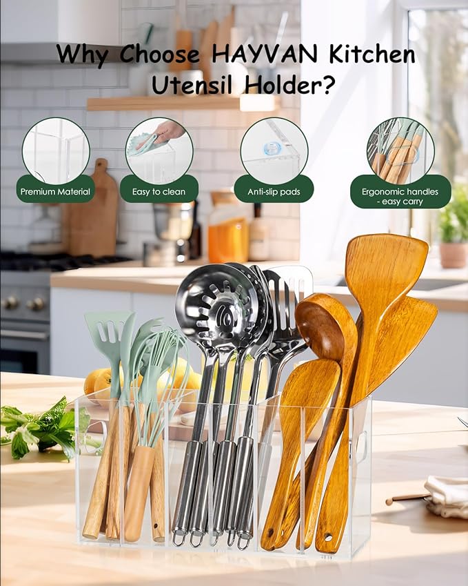 HAYVAN Clear Acrylic Utensil Holder for Kitchen Counter - Space-saving Organizer with 3 Adjustable Dividers - Easy to Use & Clean, Utensil Caddy for Kitchen Storage & Decor