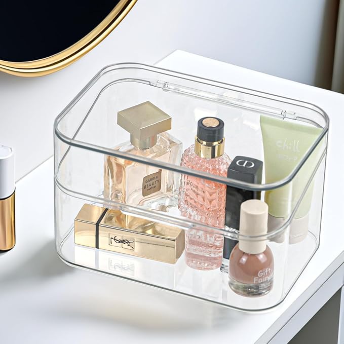 Clear Bathroom Organizer, 2-Size Essentials Set for Hail Accessories & Beauty Supplies,Cotton Swabs,Balls,Pads - Small Clear Plastic Canister Apothecary Jar Set, Vanity Makeup Storage Organizer (L+2S)-NeatNest