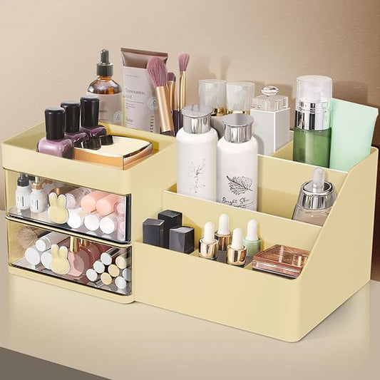 Makeup Organizer, Cosmetic Desk Storage Box with Drawers Skincare Organizers for Dressing Table, Countertop, Bathroom Counter, Vanity Holder for Brushes, Lotions, Lipstick, Perfume (Yellow-Clear)-NeatNest