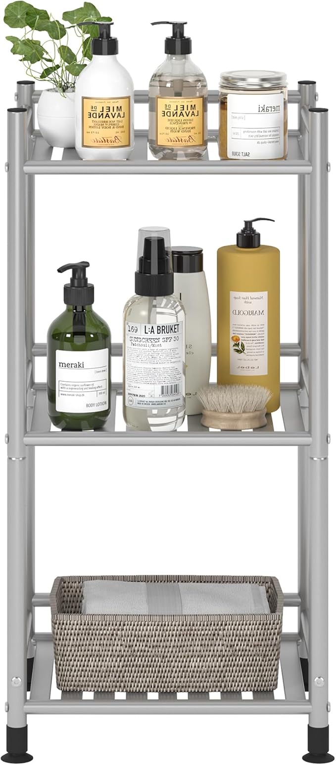 3 Tier Bathroom Storage Open Shelf Unit, Free-Standing Metal Corner Rack Shelving for Kitchen, Living Room, Hallway (Bright Gray, 3 Tier)-NeatNest