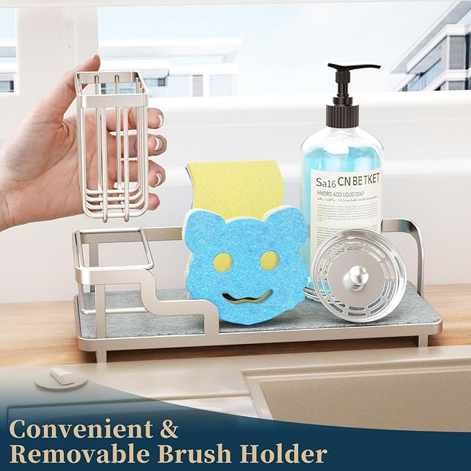 Consumest Sponge Holder for Kitchen Sink - Sink Caddy Organizer with Water Absorbing Stone Tray, Detachable Brush Holder, Stainless Steel Kitchen Counter Organizer Rack, Sand Nickel-NeatNest