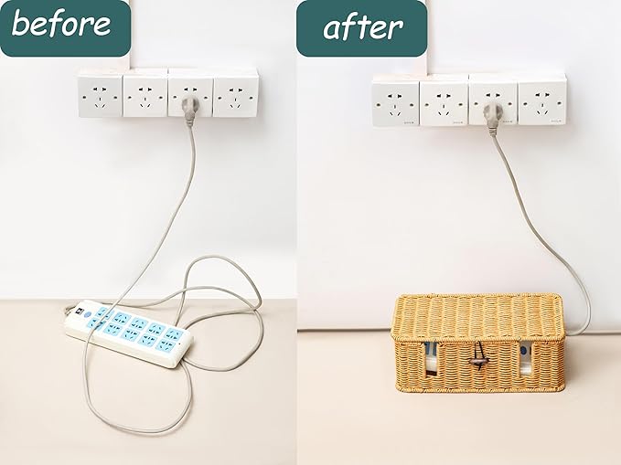 Handwoven Synthetic Rattan Cable Organizer Box with Lid,with 4 Open Slots,Cord Organizer Box Cord Storage Basket for Computer Router USB Hub and Power Strip