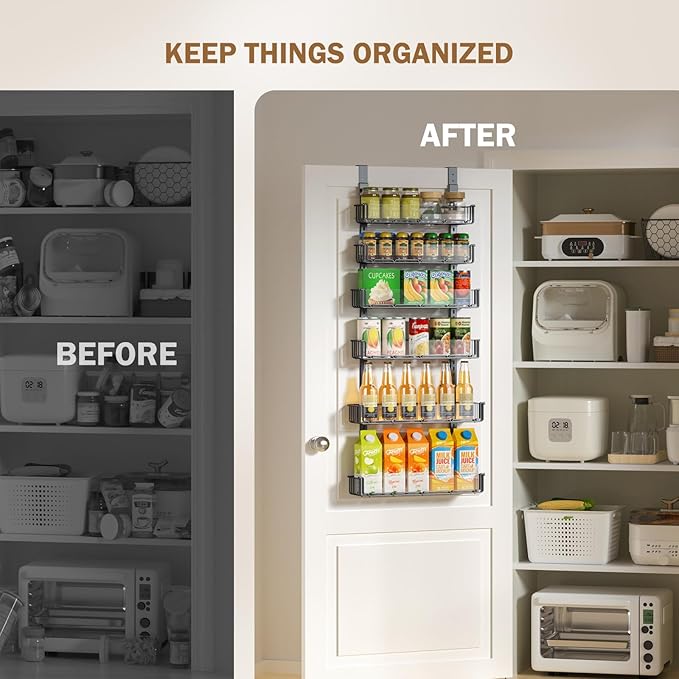Delamu Adjustable Over the Door Pantry Organizer with Clear Acrylic Panel, 6-Tier Pantry Organization and Storage for Kitchen, Hanging Spice Rack Seasoning Shelves for Cabinet, Easy Install, Black-NeatNest