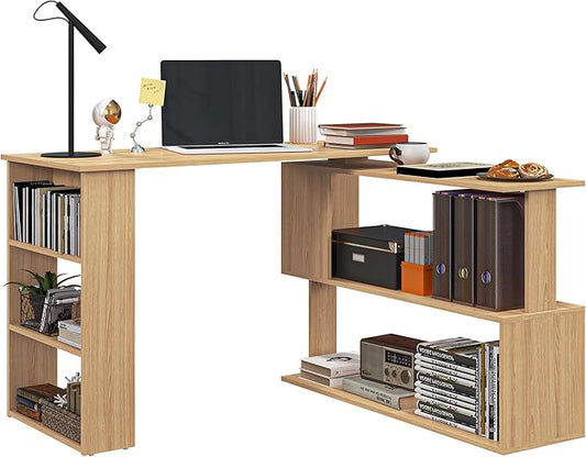 HOMCOM L Shaped Corner Desk, 360 Degree Rotating Home Office Desk with Storage Shelves, Writing Table Workstation, Maple-NeatNest