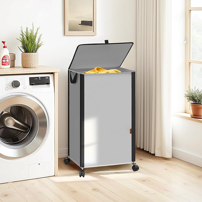 STORAGE MANIAC Rolling Laundry Hamper with Lid, 23.7 Gal (90 L) Large Tall Laundry Basket with Wheels & Handles, Aesthetic Dirty Clothes Hamper for Small Space, Dorm, Apartment, College, Gray