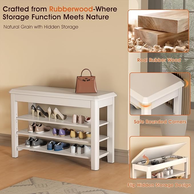 Shoe Rack Bench Seat Rubberwood 3-Tier Wooden Storage Bench 550lbs Compact Mid-Century Modern Design for Entryway, Hallway, Closet, Front Door Entrance, Foyer-NeatNest