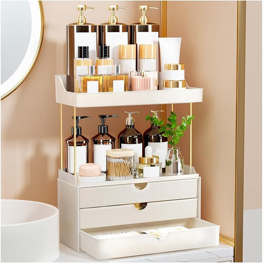 3 Drawers Bathroom Counter Organizer - 5 Tier Makeup Organizer, Versatile Perfume Organizer, Ideal for Bathroom Storage, Vanity, Large Skincare, Perfume, Present, Cream White-NeatNest