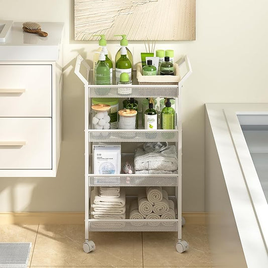 4-Tier Standing Storage Shelves, Shelving Unit with Wheels, Freestanding Shelf for Bathroom, Laundry, Kitchen Organizers and Storage,White-NeatNest