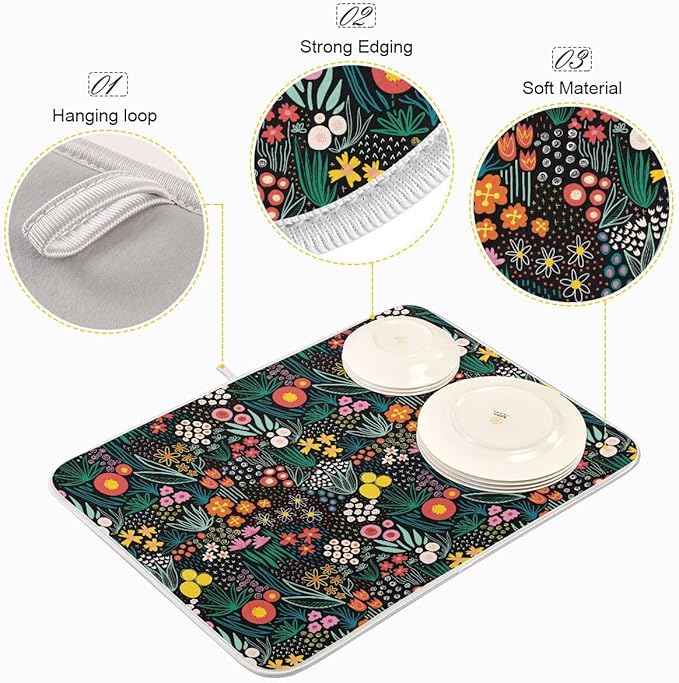Colorful Floral Large Dish Mat Absorbent Drying Mats for Countertop 18 x 24 Inches Kitchen Dry Mat for Dishes-NeatNest
