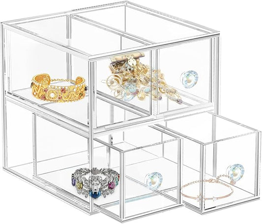 Acrylic Jewelry Box Clear Jewellery Storage Drawer Transparent Cosmetic Display Stand Holder Home Organizer Tray for Earring Necklace Rings Bracelet Makeup (4 drawer)-NeatNest