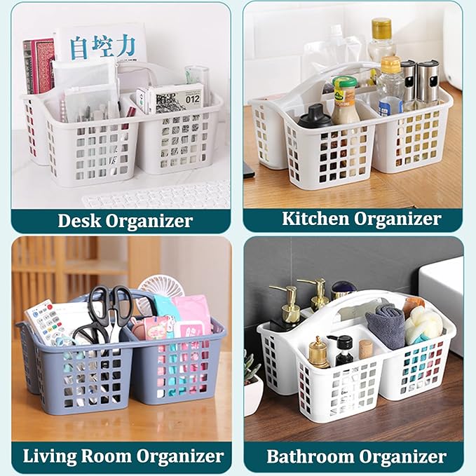 Haundry Plastic Shower Caddy Basket with 3 Compartments, Portable Divided Cleaning Supply Storage Organizer with Handle (Pink)-NeatNest