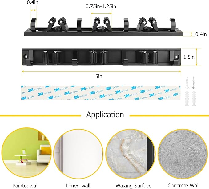 SLIIMU Movable 15'' Broom and Mop Holder Wall Mount with Sliding 3 Racks 4 Hooks, Storage Organizer Wall Hanger, Cleaning Tool Hanging Grippers for Kitchen Bathroom Garden Garage Laundry Home Closet-NeatNest