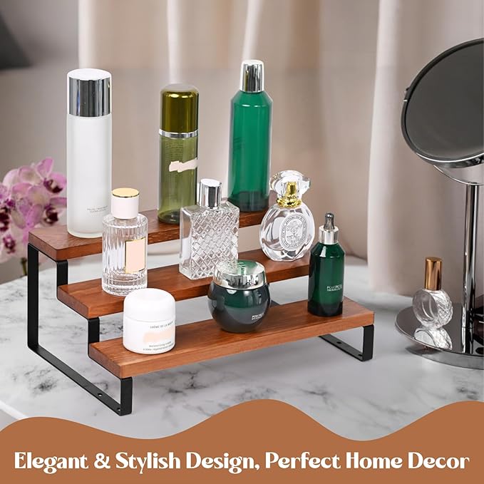 3 Tier Wooden Display Riser Stand Perfume Organizer with Metal Stand, Dessert Table Display Set, Food Display Stands for Party, Brown Rustic Solid Wood Shelf for Cupcakes, Perfume, Cologne, Spiece-NeatNest