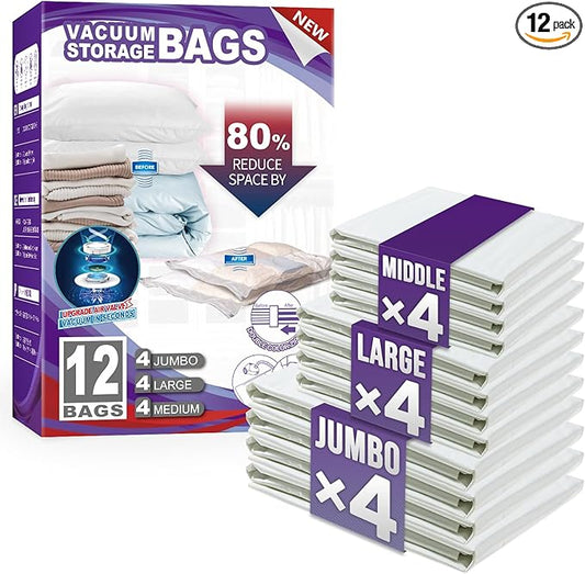 TAILI 12 Pack Combo Vacuum Storage Bags, Vacuum Seal Bags for Clothing (4 Jumbo, 4 Large, 4 Medium), Space Saver for Bulky Beddings, Comforters, Blanket, Closet Organization Space Saving-NeatNest