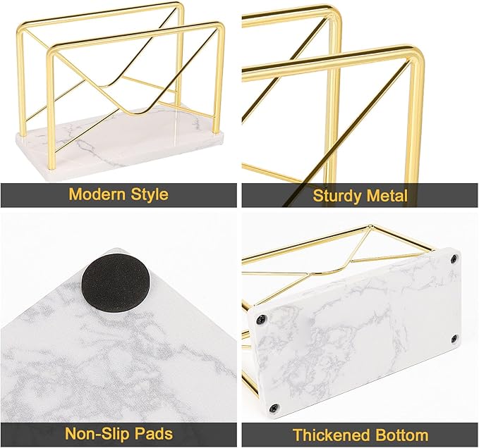 Modern Mail Holder for Home Office, Metal Letter Organizer Sorter for Desk, Cutout Mail Envelope Design, Bill Filling Paper Document Rack, Envelope Storage Rack with Marble Base