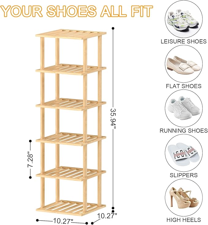 6-Tier Bamboo Shoe Rack - Vertical Shoe Rack for Small Spaces, Tall Narrow Shoe Rack Organizer for Closet Entryway Corner Garage and Bedroom,Free Stackable DIY，Primary Colours-NeatNest