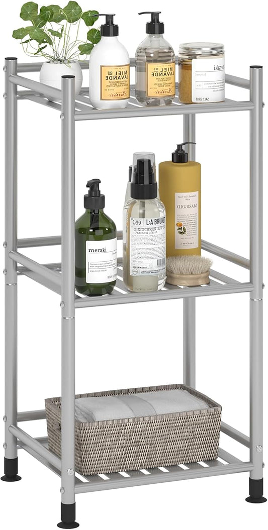 3 Tier Bathroom Storage Open Shelf Unit, Free-Standing Metal Corner Rack Shelving for Kitchen, Living Room, Hallway (Bright Gray, 3 Tier)-NeatNest