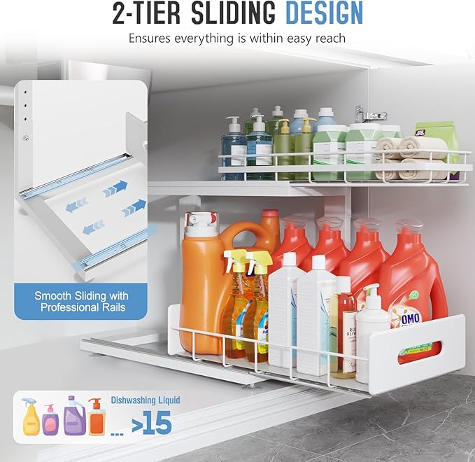 2 Pack 18 IN Depth Under Sink Organizer with Smooth Ball Bearing Slides,2-Tier Pull Out Cabinet Storage,Slide Out Drawers for Bathroom&Kitchen,Rust-resistant Coating,Height Adjustable-White-NeatNest