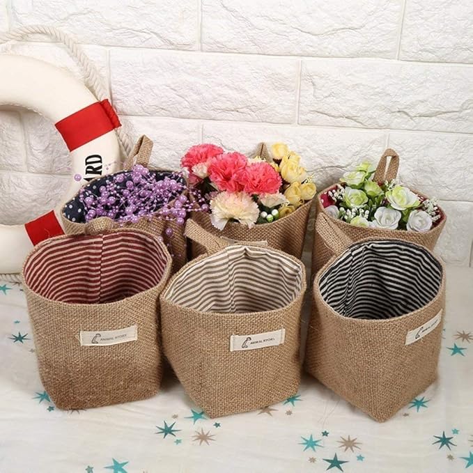 6 PCS Mini Hanging Storage Bags, Anberky Cotton Linen Small Storage Basket Wall Hanging Organizer Box Wall Mounted Storage Pocket Collapsible Decor Bin Bag with Handle for Wall Door Closet (#A)-NeatNest