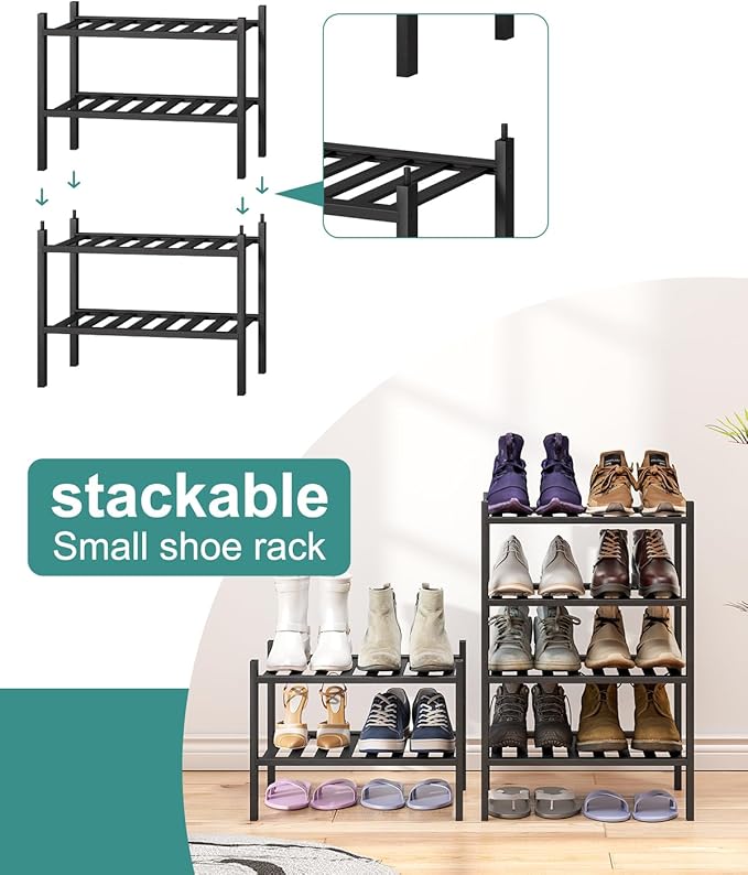 Black Small Shoe Rack for Entryway,2-Tier Bamboo Shoe Organizer for Hallway Closet, Free Standing Shoe Racks for Indoor Outdoor-NeatNest