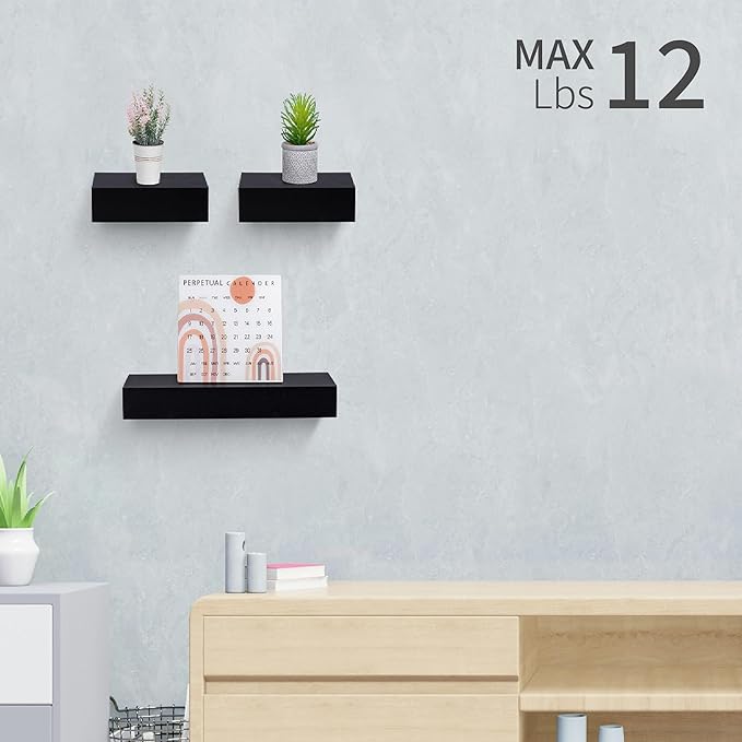Floating Wall Shelves Set of 3 – MDF Wood Wall Mounted Shelf for Living Room, Bedroom, Bathroom, Office – Decorative Storage Racks for Plants, Photos, Books (Black, Medium Set)