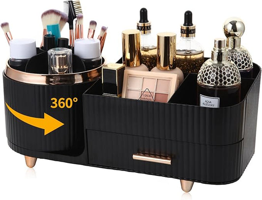 Makeup Organizer Countertop with Drawer 360 Rotating Brush Holder Storage Large Capacity Skincare Cosmetic Display Cases for Vanity Bathroom Desktop, Model 3016 Black-NeatNest